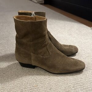 Massimo Dutti Women's Leather Suede Ankle Boots Side Zip Round Toe Khaki